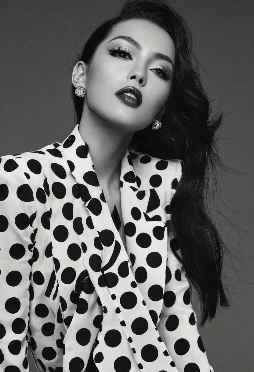 High-fashion photography. <lora:Snap Crackle POP:1.0>Dots dots dots and a beautiful woman ,ohwx19 woman, j0y_n0texist
