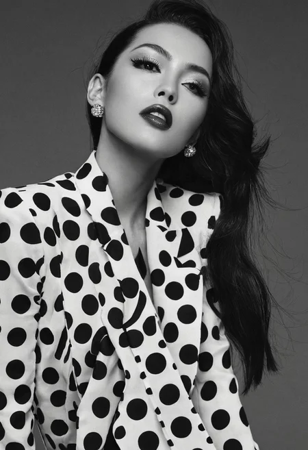 High-fashion photography. <lora:Snap Crackle POP:1.0>Dots dots dots and a beautiful woman ,ohwx19 woman, j0y_n0texist