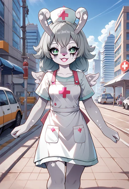 score_9, score_8_up, 1girl, melusine, curly ears, wings, grey skin, white medical apron, Clown makeup, nurse clothes, Joker makeup, parking lot, hospital building behind, open view, walking towards the viewer, smile