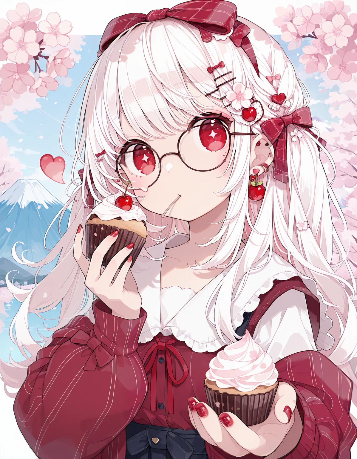 masterpiece, best quality, newest, highres, absurdres,<lora:Chon_style:1>,1girl, solo, glasses, hair ornament, food, heart, white hair, long hair, cupcake, long sleeves, red eyes, looking at viewer, upper body, red nails, bow, bangs, nail polish, hair bow, holding, hairclip,mount fuji, cherry blossoms, depth of field, foreshortening,