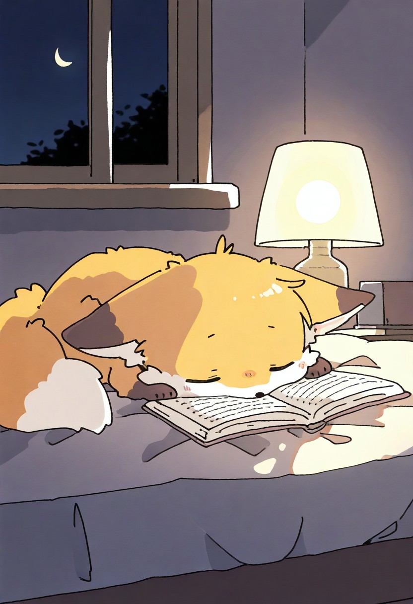 (masterpiece, best quality, high quality, highres), very awa, highres, absurdres,
(naguru \(cyoroama\), (chii-kun \(seedyoulater\):0.7), 
(fox:1.1),
(no humans:1.1), (cute:1.2), comfy, solo, cozy,
indoors, lying on the bed, reading a book, asleep, curious, relaxed, sad, night, lamp,