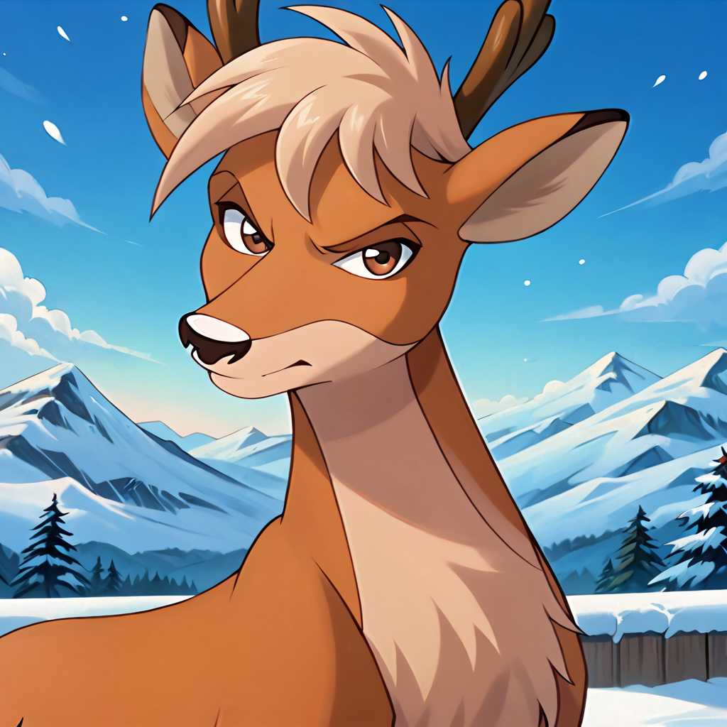 <lora:ArrowRud98:1>, <lora:StS_PonyXL_Detail_Slider_v1.4_iteration_3:3>, reindeer, brown eyes, small antlers dark brown mascara, thin eyebrows, blond hair, feral, male, outdoors, solo, nighttime, clouds, snowy landscape background, mountains in background, body turned slightly right, looking at viewer, ((frowning)), brown iris, black pupils, stars in sky, (8k, sharp details, ultra detailed, score_7, score_8, score_9,)  shaded,  front view, no humans,