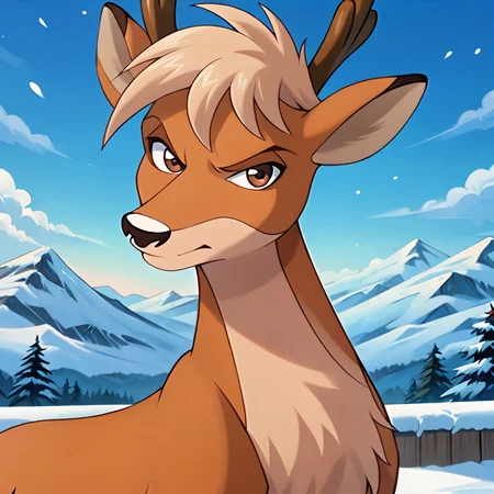 <lora:ArrowRud98:1>, <lora:StS_PonyXL_Detail_Slider_v1.4_iteration_3:3>, reindeer, brown eyes, small antlers dark brown mascara, thin eyebrows, blond hair, feral, male, outdoors, solo, nighttime, clouds, snowy landscape background, mountains in background, body turned slightly right, looking at viewer, ((frowning)), brown iris, black pupils, stars in sky, (8k, sharp details, ultra detailed, score_7, score_8, score_9,) shaded, front view, no humans,