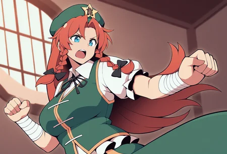 masterpiece, best quality, <lora:age_slider_v4:4>,detailed_background,indoors,shiri fusang,ribbon,pink hair,green vest,shirt,vest,highres,v-shaped eyebrows,hat,collared shirt,looking at viewer,neck ribbon,1girl,blue eyes,hair ornament,hong meiling,white shirt,black ribbon,cowboy shot,solo,open mouth,beret,braid,green skirt,parted bangs,long hair,twin braids,wrist wrap,touhou,star hair ornament,skirt,star \(symbol\)