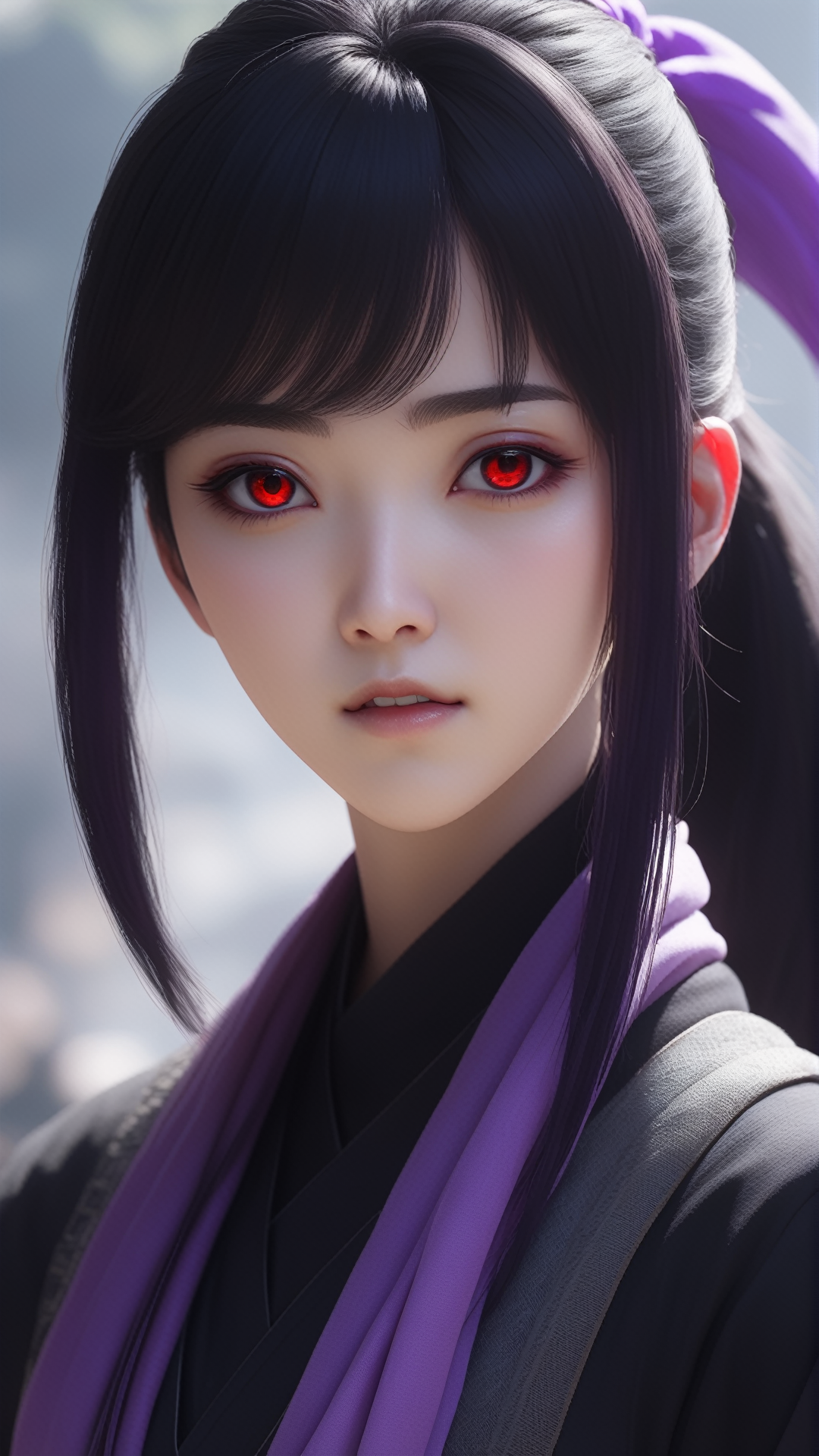 (lipbite), (anime screencap), (white color skin:1.5), (((1woman))), (((ponytail black hair))), (the most beautiful red eyes:1.2), (tomboy:1.2), (((medieval fantasy kunoichi in fishnet suit with purple scarf))), (((ready to fight pose))), female shinobi, ninja, 8k, Unreal Engine 5, octane render, by seunghee lee, Jang Tae-Hwan, Chocofing R, seungho lee, trending on pixiv, fanbox, skeb, masterpiece, detailed face, smooth soft skin, big dreamy eyes, beautiful intricate colored hair, anime wide eyes, soft lighting, concept art, digital painting, <lora:Lip_Bite_Concept_SDXL:0.4>