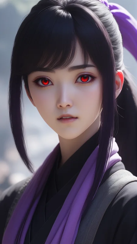 (lipbite), (anime screencap), (white color skin:1.5), (((1woman))), (((ponytail black hair))), (the most beautiful red eyes:1.2), (tomboy:1.2), (((medieval fantasy kunoichi in fishnet suit with purple scarf))), (((ready to fight pose))), female shinobi, ninja, 8k, Unreal Engine 5, octane render, by seunghee lee, Jang Tae-Hwan, Chocofing R, seungho lee, trending on pixiv, fanbox, skeb, masterpiece, detailed face, smooth soft skin, big dreamy eyes, beautiful intricate colored hair, anime wide eyes, soft lighting, concept art, digital painting, <lora:Lip_Bite_Concept_SDXL:0.4>