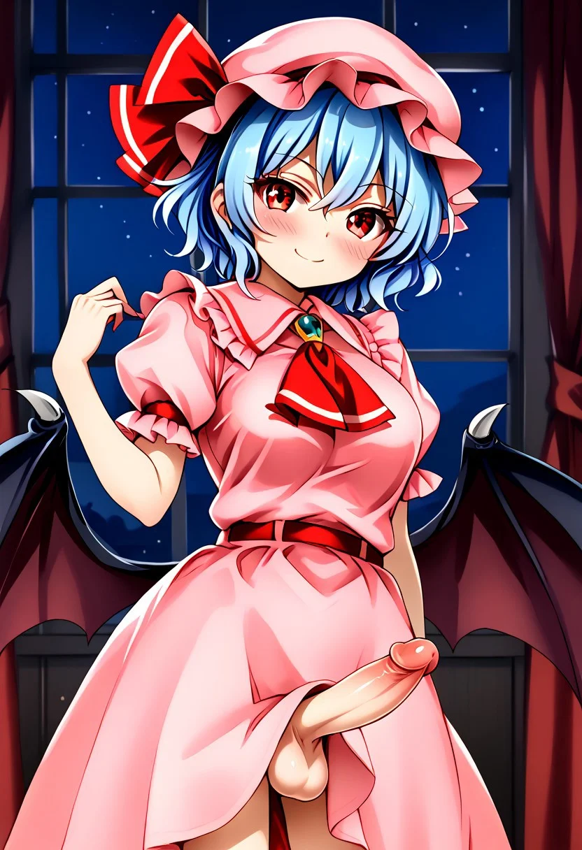 ((harukawa moe style)), ((room background)), ((night)), ((black contour)), ((solo)), (1futa), standing, posing, ((uncensored)), (naughty smile), looking at viewer, ((blush)), ((white-blue hair)). ((red eyes)), ((remilia scarlet)), ((short hair)), ((pink dress)), (bat wings), pink hat, ribbon, ascot, hat ribbon, short sleeves, frills, puffy sleeves, ((large breasts)), ((penis)), ((testicles))