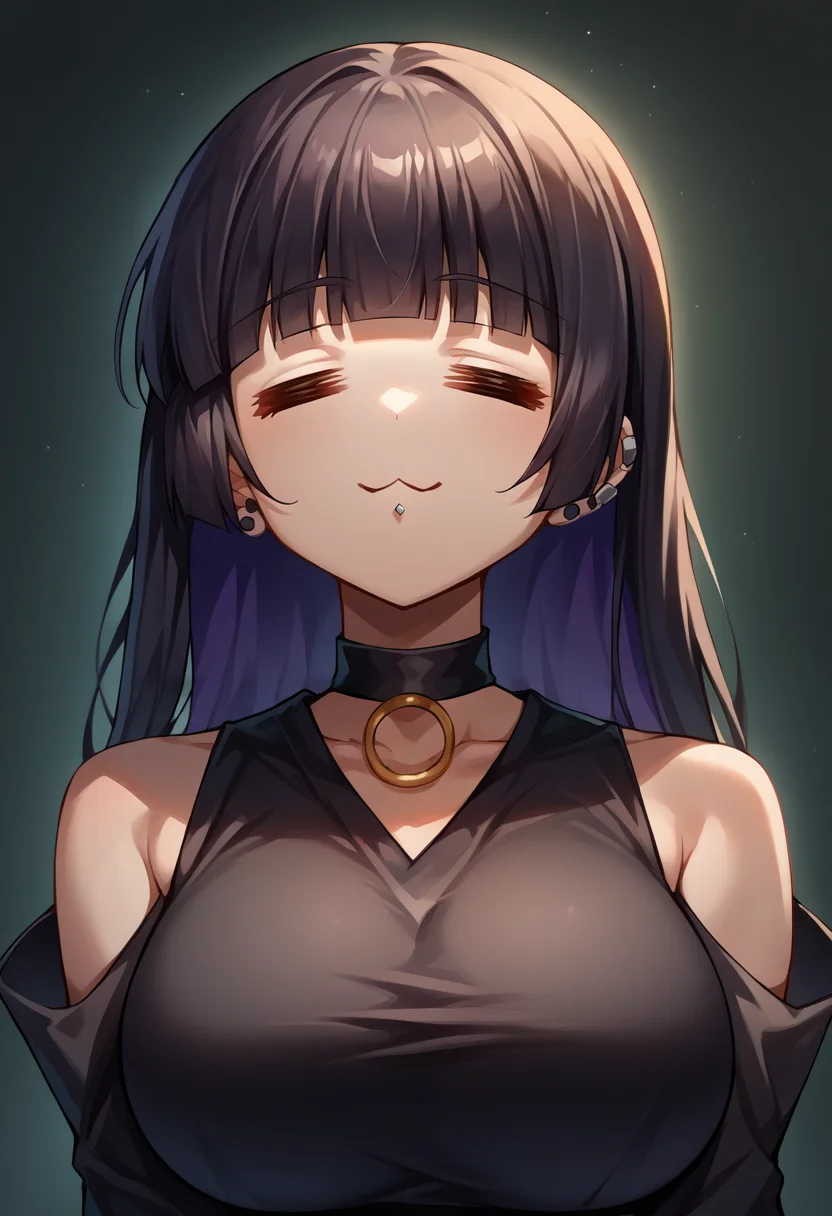 score_9, score_8_up, source_anime, 1girl, solo, =w=, :3, = =, eyes closed, pasan, large breasts, ear piercing, chin piercing, hime cut, choker, black dress, shoulder cutout, sleeves past fingers, <lora:ChamElfExpressionPonyXL:1.2>, <lora:Hoseki_BTR_Pasan_PDXL_v1:1>