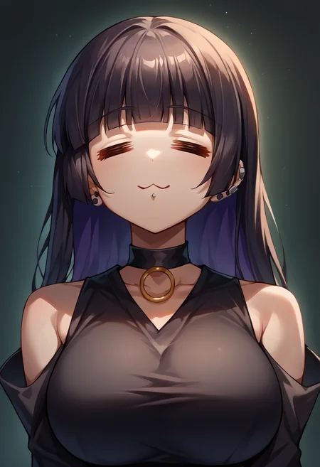 score_9, score_8_up, source_anime, 1girl, solo, =w=, :3, = =, eyes closed, pasan, large breasts, ear piercing, chin piercing, hime cut, choker, black dress, shoulder cutout, sleeves past fingers, <lora:ChamElfExpressionPonyXL:1.2>, <lora:Hoseki_BTR_Pasan_PDXL_v1:1>