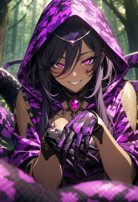 gorgeous lips, cinematic, (masterpiece), (best quality), (ultra-detailed), very aesthetic, perfect composition, intricate details, absurdres, detailed face, (anime, masterpiece, intricate:1.3), (best quality, hires textures, high detail:1.2), (《masterpiece》, 《best quality》,
《ultra-detailed》,
1girl, cool, Glowing purple eyes, '((dark skin))', egyptian, egyptian style, exotic, black hair, '((Augmented cyborg))', fused with King Cobra, king cobra motif, poisonous, '((dripping black venom))', '((purple and gold metal exoskeleton))', '((snakeskin jacket with hood))', '((black snake scales))'
Darkness, Black venom drips from her hands,
《laughing like crazy》
'(((Fascinating)))', '(((seduction)))',
'(((Malicious smile)))',
'(((((vividly Purple Camouflage)))))',
'((((Blessed by the forest))))',