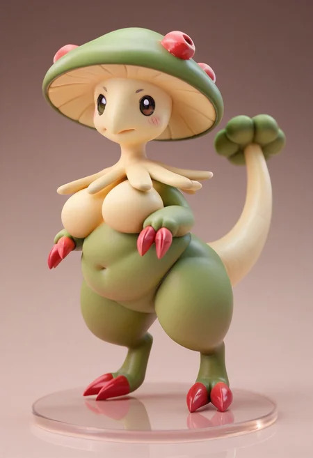 score_9, score_8_up, score_7_up, score_6_up,anime, 1girl, solo, Breloom, Pokemon (creature), green body, mushroom head, two claws, tail, no breasts, plump, horny expression, (seductive), chubby. Chibi