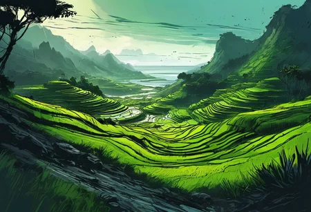 island landscape concept art, ((Philippines rice terraces)), coast, ((ocean)), ((battlefield, war, explosions, concrete bunkers)), green and blue tones, black tones, dark tones, scifi features, deep shadows, ((graphic novel sketch, black sketch lines, low-key cinematic lighting, thick ink outlines, digital oil painting, posterized, cel shading, vector illustration, tenebrism, bold brush strokes, subtle colors))