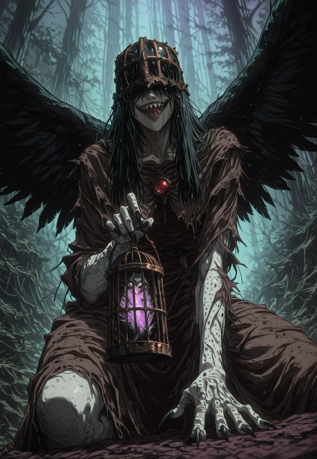 masterpiece, best quality, high quality, newest, highres, absurdres, fl4tgr1t, sketch, mythology, apocalyptic visions, eldritch horror,
dark_art_style, dark_fantasy_style, dark fantasy, retro,
(Subject:0.0), 1girl, solo, harpy, very old woman, 80yo, pale skin, long hair, black hair, (hair over eyes), hair covering eyes, straight hair, wet hair, beak, large mouth, sharp teeth, sharp features, wings as arms, long claws,
tattered brown robe, occult jewelry, rusted bird cage helmet,
looking at viewer, ((evil smile)), squatting, hands cupped, holding small rusted cage, purple glowing light in cage,
(Scene:0.0), cowboy shot, dark forest, swamp,
dynamic action, blurry, depth of field, dynamic pose, dynamic composition, dutch angle, abstract background, foreshortening, digital art, 2D illustration, dramatic lighting, sfw,