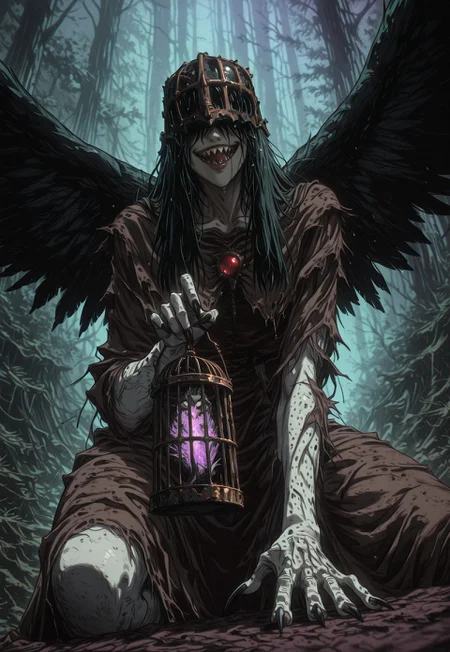 masterpiece, best quality, high quality, newest, highres, absurdres, fl4tgr1t, sketch, mythology, apocalyptic visions, eldritch horror,
dark_art_style, dark_fantasy_style, dark fantasy, retro,
(Subject:0.0), 1girl, solo, harpy, very old woman, 80yo, pale skin, long hair, black hair, (hair over eyes), hair covering eyes, straight hair, wet hair, beak, large mouth, sharp teeth, sharp features, wings as arms, long claws,
tattered brown robe, occult jewelry, rusted bird cage helmet,
looking at viewer, ((evil smile)), squatting, hands cupped, holding small rusted cage, purple glowing light in cage,
(Scene:0.0), cowboy shot, dark forest, swamp,
dynamic action, blurry, depth of field, dynamic pose, dynamic composition, dutch angle, abstract background, foreshortening, digital art, 2D illustration, dramatic lighting, sfw,