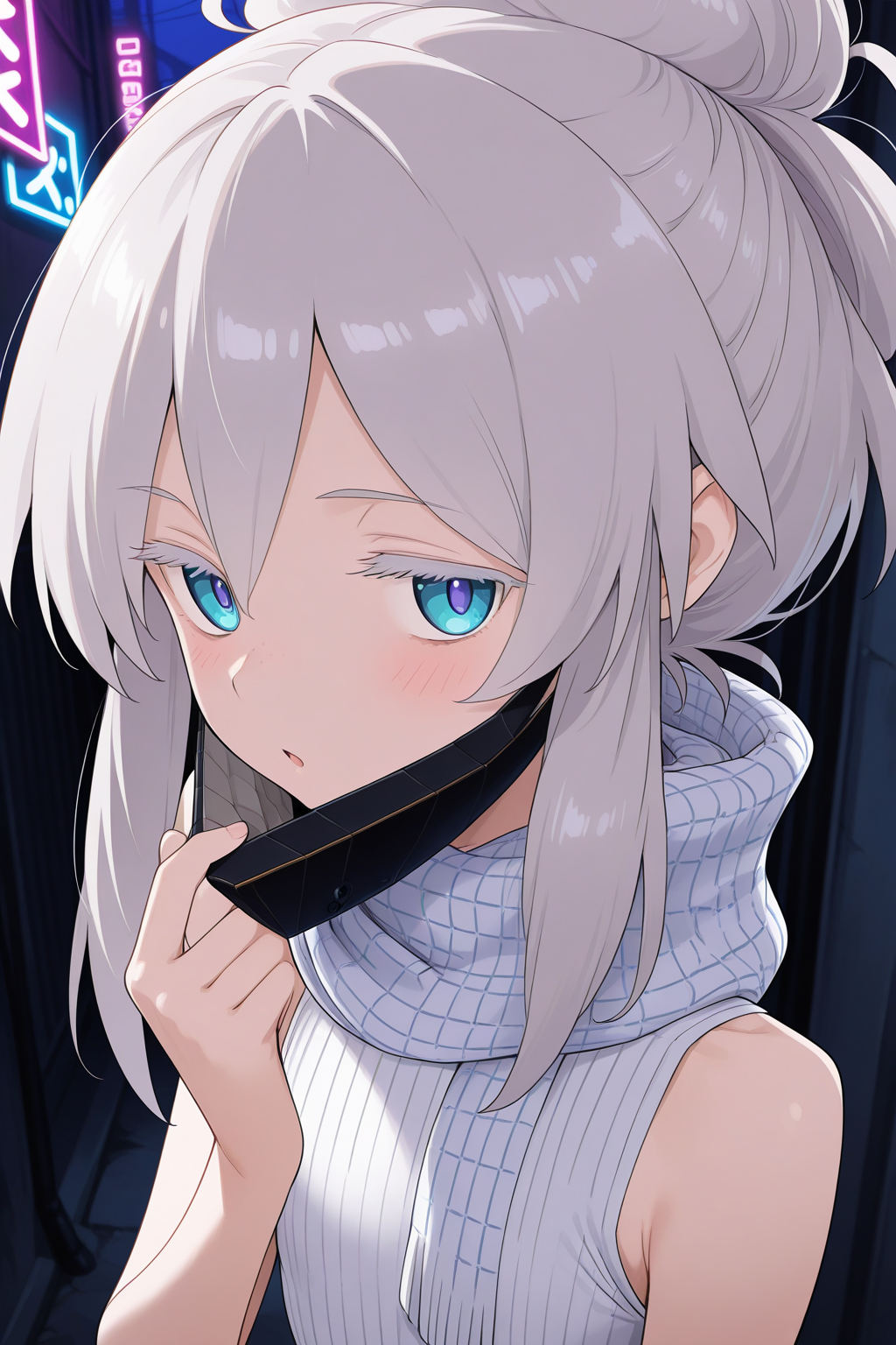 1girl,
DeuxMurasameGundamGQ, DMNormalOutfit,
sensitive, solo, perspective, from side, close-up, upper body,
grey hair, blue eyes, colored eyelashes, collarbone,
jitome,
mouth mask, unworn mask,
white scarf, plaid, sleeveless shirt, white shirt,
looking at viewer, hand up, mask pull, open mouth, blush, 
night, alley, neon light, rim lighting,
depth of field,
<lora:kp_DeuxMurasameGundamGQIllustrious_v1_0:1.0>,
masterpiece, best quality, amazing quality