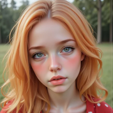 Kayla, 22years old girl cute face,clear skin,shiny hair, orange hair, green eyes, ultra detailed eyes,makeup, head on side, dutch angle, low angle, OBxiaoxiang, blush, eye rolling, half-short cropped red T-shirt with white writing 3751, belly, navel, red leather shorts, black sneakers, white socks, black cap, soft peachy cheeks, short cropped red T-shirt, bending, dynamic pose, looking at viewer, female. In the background park sunny day, looking at viewer, sunshine, quality, high quality, photorealistic. Perfect Composition, realistic photographic image, RAW photo highest quality