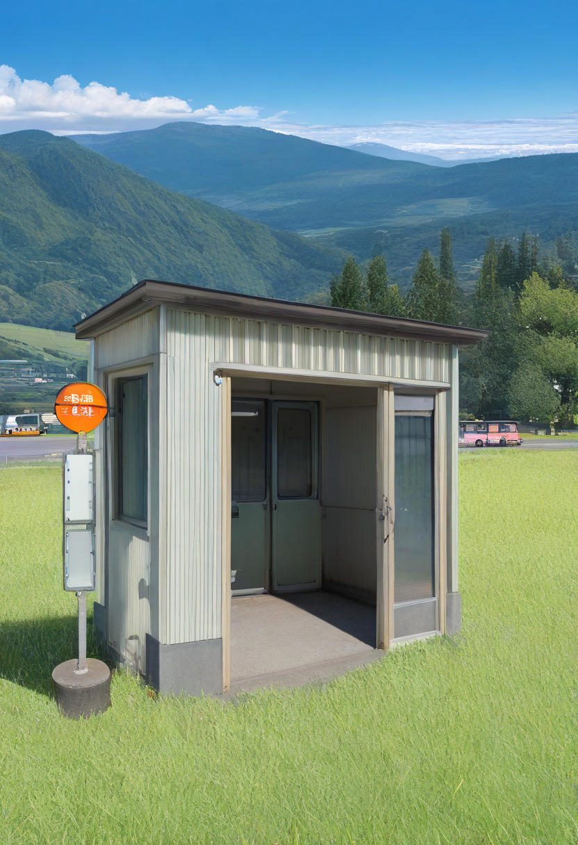 basutei, scenery, outdoors, no humans, sky, cloud, mountain, day, blue sky, bus stop, grass, rural, road, mountainous horizon, shop, nature, car, field, cloudy sky, tree, door, summer, window, bus, photo background,
masterpiece, best quality, amazing quality, very aesthetic, absurdres, newest,
 <lora:sc_bustei_illustrious_V1L:1>