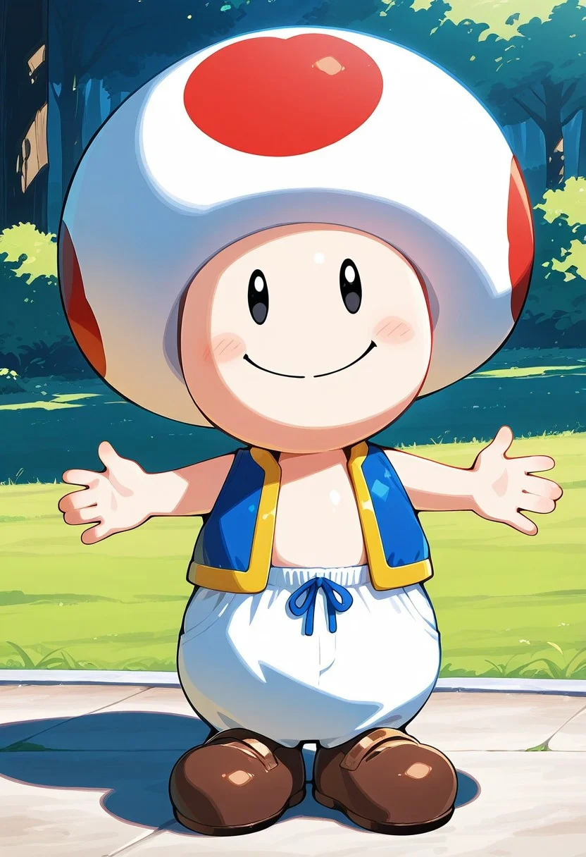 score_9, score_8_up, score_7_up, masterpiece, best quality, amazing quality, ToadCharacter, mushroomhat, black eyes, vest, white pants, brown shoes, 1boy, solo, smile, upper body