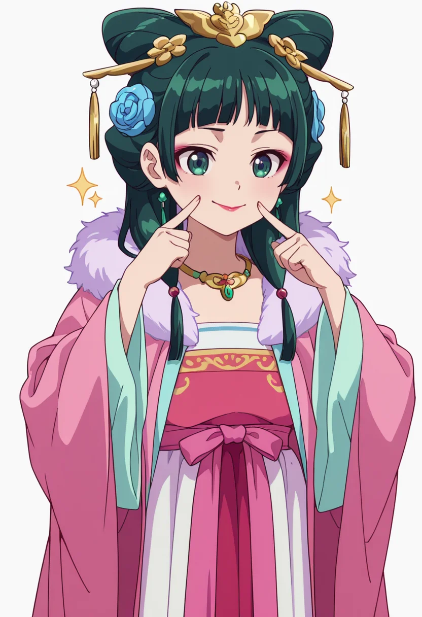 Smooth Quality,masterpiece,very intricate, high quality details, ultra realistic, high detailed skin,detailed enviorement,absurdres,
simple background, white background,solo,
front view,fingersmile,
 <lora:Maomao_CNR:0.8> maomao_cnr,green hair, long hair, green eyes, flat chest, 
maocourtesan_cnr,chinese clothes, hanfu, dress, robe, long sleeves, wide sleeves,hair ornament, hair flower,jewelry, necklace, fur trim, makeup, lipstick, sparkle, hair ringshair bun,