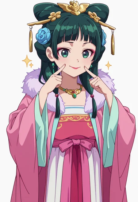 Smooth Quality,masterpiece,very intricate, high quality details, ultra realistic, high detailed skin,detailed enviorement,absurdres,
simple background, white background,solo,
front view,fingersmile,
<lora:Maomao_CNR:0.8> maomao_cnr,green hair, long hair, green eyes, flat chest,
maocourtesan_cnr,chinese clothes, hanfu, dress, robe, long sleeves, wide sleeves,hair ornament, hair flower,jewelry, necklace, fur trim, makeup, lipstick, sparkle, hair ringshair bun,