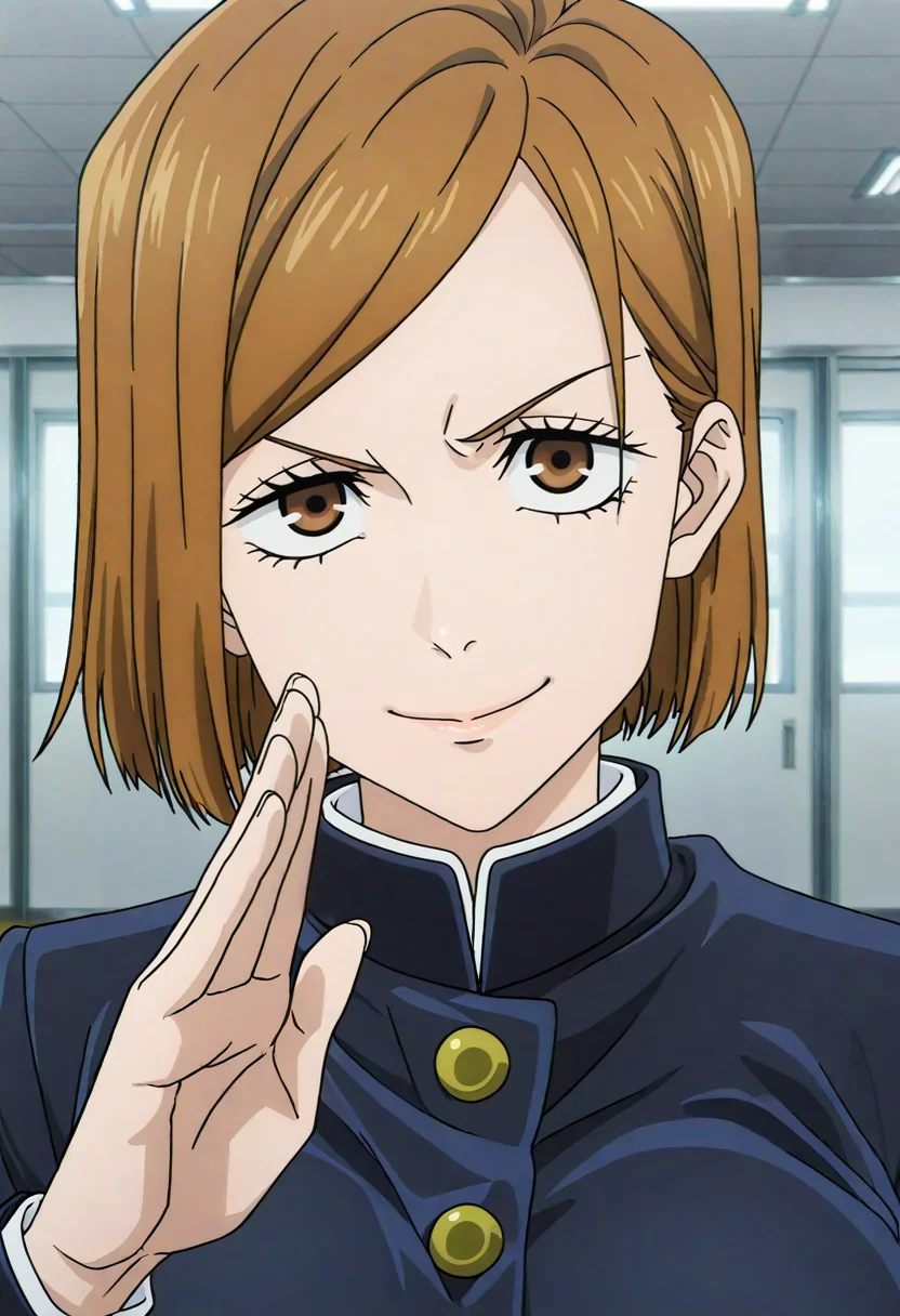 masterpiece, best quality, absurdres, highres, detailed background, <lora:hyperSD8:1>,
<lora:KUGISAKI_NOBARA:1> anime screencap, 1girl, solo, kugisaki nobara, brown hair, brown eyes, school uniform, fighting stance, upper body, looking at viewer, bored, smile,