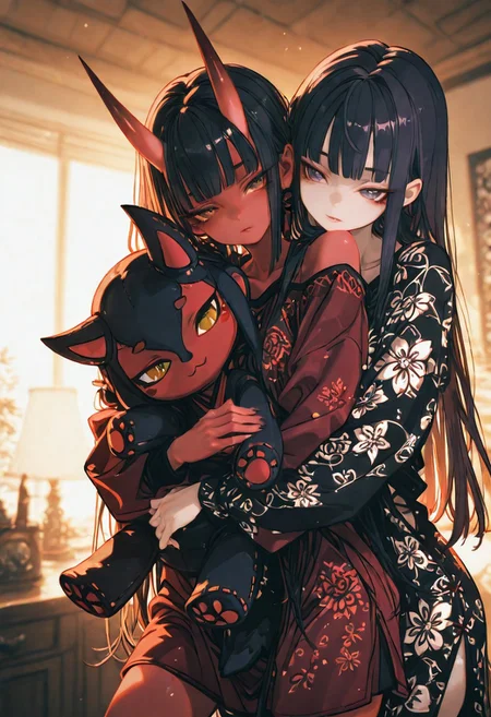 (EyesHD:1.2), (4k,8k,Ultra HD), masterpiece, best quality, ultra-detailed, very aesthetic, sharp focus, depth of field, ray tracing, best lighting, detailed illustration, detailed background, cinematic, beautiful face, beautiful eyes, 
BREAK
detailed background, eyelashes, erotic, looking seductive, coy. dynamic action image, detailed face, detailed eyes, direct mesmerizing gaze, 
BREAK
(sexy, slutty, hot, aroused), 
Aka-Oni, oni, colored skin, (red skin:1.3), straight horns, solo, long hair, 
BREAK
long sleeves, dress, hug, floral print, dress, stuffed toy, hug from behind, print dress , only girls <lora:noobai_ep11_stabilizer_v0.138_fp16:0.3> <lora:ppw_v7_noobVv1.0:0.5> <lora:XXX667:0.5> <lora:lpc_v10:0.4> <lora:CrypticHue:1>