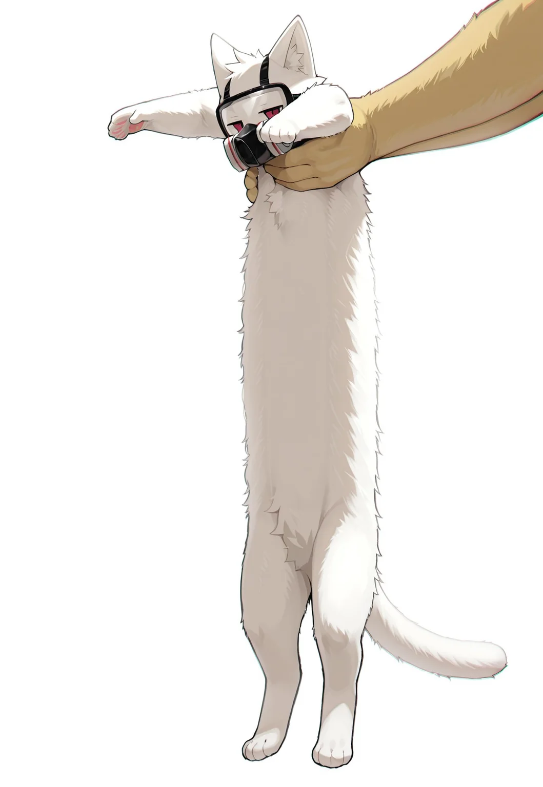 chromatic aberration, depth of field, dutch angle, detailed background, dutch angle, anthro, chibi body, young, small body, short body, furry, furry male, fur, male, dr_k_changed, solo, boys only, jitome, red eyes,lab coat, goggles, gas mask, longcat \(meme\), hugging dr_k_changed, ((holding dr_k_changed)), white background, no emotion, pure white background, masterpiece, best quality, amazing quality, by syuro