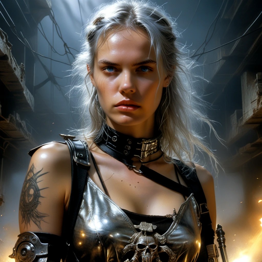 Silver-haired young woman, 
piercing light blue eyes, 
black leather battle gear, 
wielding a silver blade, 
enhancing the silver hair's texture and leather's intricate details, 
talking with fellow warriors, 
under dramatic lighting, 
ultra realistic, 
highly detailed., 
sf, 
intricate artwork masterpiece, 
ominous, 
matte painting movie poster, 
golden ratio, 
trending on cgsociety, 
intricate, 
epic, 
trending on artstation, 
by artgerm, 
h. r. giger and beksinski, Luis Royo
highly detailed, 
vibrant, 
production cinematic character render, 
ultra high quality model