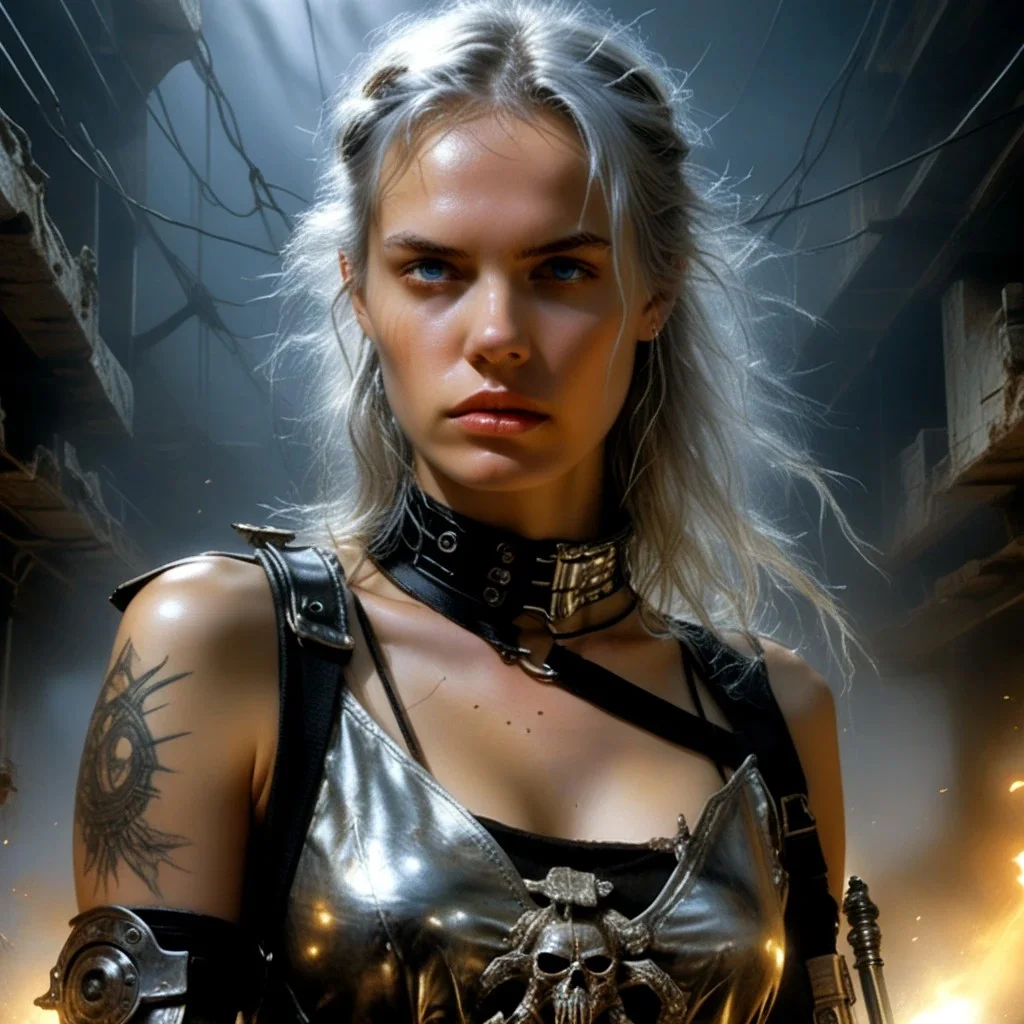 Silver-haired young woman, 
piercing light blue eyes, 
black leather battle gear, 
wielding a silver blade, 
enhancing the silver hair's texture and leather's intricate details, 
talking with fellow warriors, 
under dramatic lighting, 
ultra realistic, 
highly detailed., 
sf, 
intricate artwork masterpiece, 
ominous, 
matte painting movie poster, 
golden ratio, 
trending on cgsociety, 
intricate, 
epic, 
trending on artstation, 
by artgerm, 
h. r. giger and beksinski, Luis Royo
highly detailed, 
vibrant, 
production cinematic character render, 
ultra high quality model
