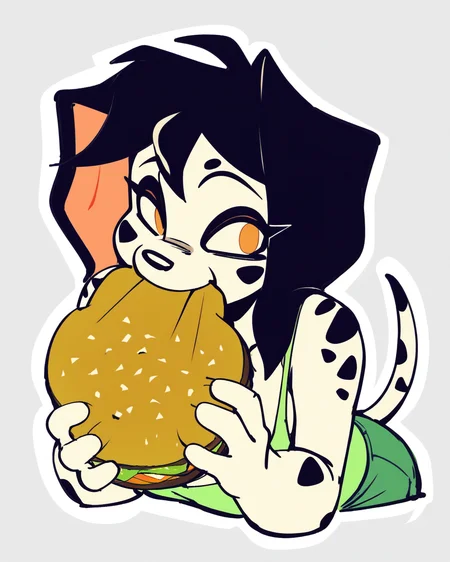 score_9_up, score_8_up, score_7_up, score_6_up, half-length portrait, black hair, short hair, dalmatian, large breasts, floppy ears, furry female, white body, spotted body, spotted tail, black spots, female, furry, dog, looking at viewer, green tank top, cleavage, sneakers, white body, solo, shorts, green tank top, happy, jermaWhopper, eating, burger, three-quarter view, head tilt, simple background, white outline, <lora:PDXL_artist_tags_v2_big:0.2> <lora:The-Minuscule-Task_PDXL_v1.0:0.3> <lora:Leia_FunkyKola:1> <lora:jermawhopper-pdxl-nvwls-v1:1>