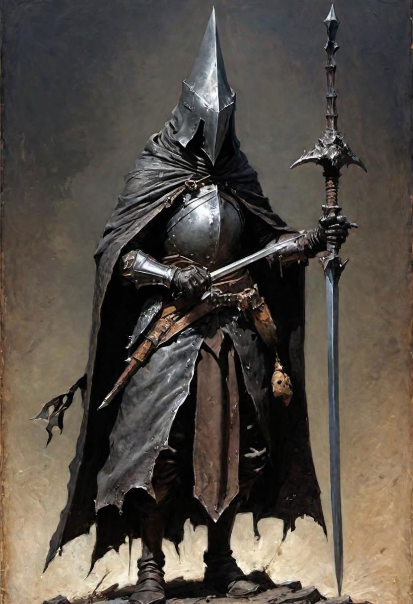 videogame art of (((Abyss Watchers)))
wearing (ragged, brigand, holding a giant metal sword,  leather tunic, metal plates and cloth, pointy shaped helmet, sewn together), gothic, legion,  by Jean-Baptiste Monge and Nicola Samori, Nazgul from lord of the rings, coif leather