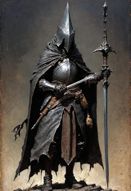 videogame art of (((Abyss Watchers)))
wearing (ragged, brigand, holding a giant metal sword, leather tunic, metal plates and cloth, pointy shaped helmet, sewn together), gothic, legion, by Jean-Baptiste Monge and Nicola Samori, Nazgul from lord of the rings, coif leather