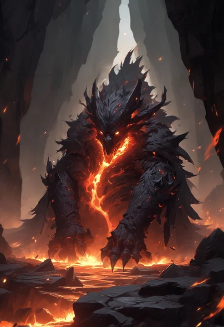 "Inside a vast, dark volcanic cave, the walls glow with the fiery red-orange light of molten lava flowing through cracks in the stone. In the center of the cave stands Shadow Fiend, Nevermore, a towering, menacing figure cloaked in darkness and shadowy flames. His glowing red eyes pierce through the gloom as he stands tall, his sharp claws outstretched, radiating an aura of dread and power. The ground beneath him is scorched, with small embers rising around his feet. He looks down the cave tunnel with a mix of impatience and malevolence, waiting for a worthy challenger to step into his domain. The scene is filled with an intense, oppressive atmosphere, with smoke and heat swirling in the air, making the cave feel like the very heart of a volcano."