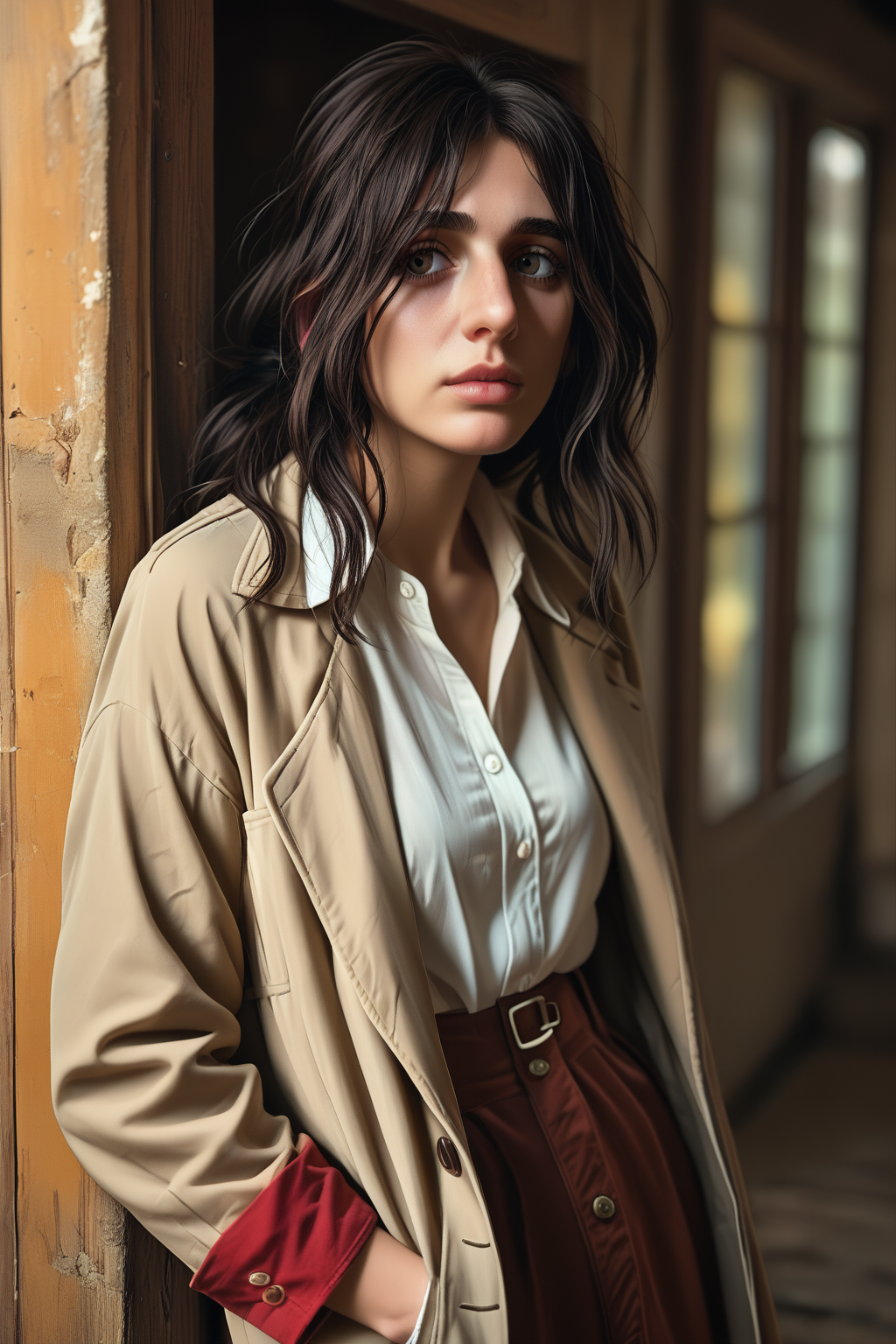 score_9, score_8_up, score_7_up, score_6_up, score_5_up, score_4_up, masterpiece, high quality, BREAK, full body, BREAK, 1girl,  <lora:Pieck Finger:0.8> Pieck Finger, long black hair, messy hair, large breasts, narrow waist, red armband, grey eyes, white blouse, trench coat,