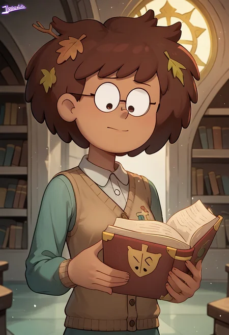 score_9, score_8, score_7, score_6,
Jhiacco, solo, anneboonchuy, brown hair, dark-skinned female, leaf hair ornament, short hair
Character Description: A young woman with glasses and a curious expression, surrounded by books.
Outfit: A vintage dress with lace details and a cardigan, carrying a stack of ancient tomes.
Action: She is reading an open book, with glowing symbols floating around her.
Background: A grand library filled with towering shelves and magical artifacts.
Composition Details: Soft, warm lighting creates an inviting atmosphere, with a medium shot to capture her expression and the floating symbols.