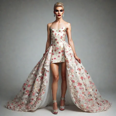 photo, realistic, hyperrealism, source filmmaker, score_9, score_8_up, score_7_up, best quality, masterpiece, source_anime, zPDXL3, BREAK,1boy, <lora:european_drag_queen_ponyXL:1> european drag queen, jewelry, earrings, makeup, Floral print wrap midi dress, flat chest, , full body,