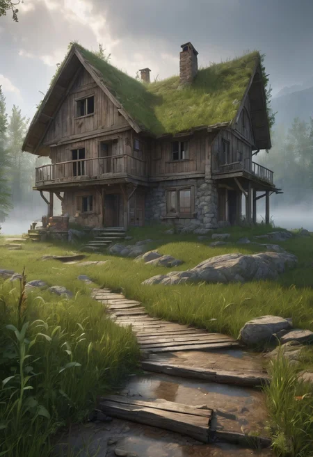 8k, breathtaking, close up to rough footpath in the village, abandoned house, rocky well, detailed wood cracks, realistic, detailed mud, cloudy weather, morning lake mist, wet grass, sun rays, masterpiece, award-winning, professional, highly detailed, mist, style-nebmagic