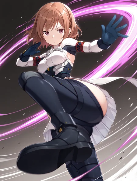 masterpiece,best quality,newest,
1girl,solo,
<lora:shiina_ilxl_v2.7:1>,shiina,short hair,brown hair,purple eyes,
futumushi,gloves,armor,white skirt,hip vent,black footwear,
<lora:Fixhands_anime_bdsqlsz_V1:1>,looking at viewer,(motion_blur:1.3),(motion line:1.2),(speed_lines:1.1),fighting_stance,standing,aura effect,high_kick,