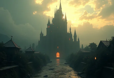 In a dimly lit, atmospheric scene a stunningly beautifully crafted majestic castle stands tall and mighty against the backdrop of a sunny clear day. The castle is surrounded by villages and streams, The image is rendered in muted, desaturated colors with a warm color grade, evoking a sense of nostalgia and foreboding. A subtle film grain and slight vignetting add to the overall sense of unease and mystique. hkmagic