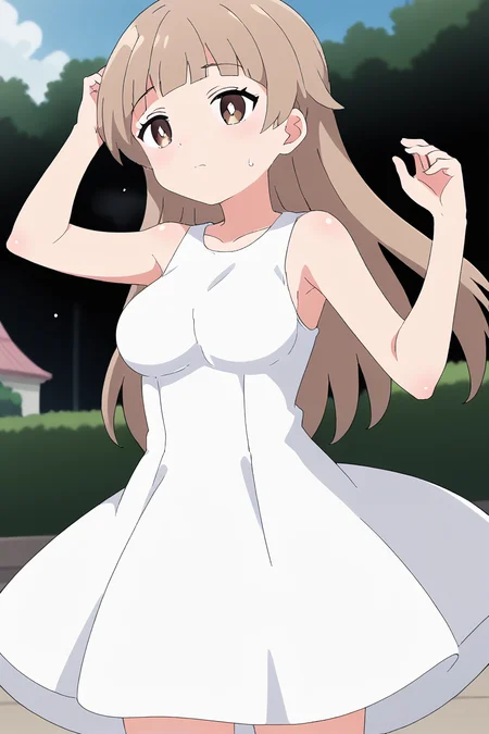 score_9, score_8_up, score_7_up , source_anime, solo, intricate details, masterpiece, high quality, prefect hands, best quality , anime screencap, <lora:DetailedEyes_V3:1> , KatanoPN, 1girl , brown eyes , white pupil , brown hair , long hair , medium breast , white dresses , sleeveless , sundresses , garden , armpits , <lora:Katano_Bat_Holy_Envoy_Cross_Near_Heart:1> , sweating , sweat , cute , wet skin ,