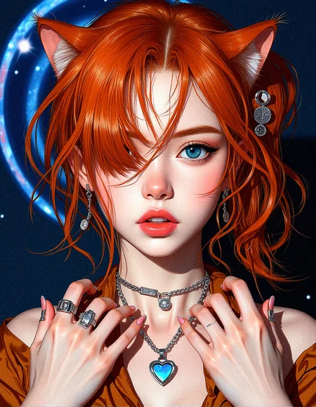 An upper body image of a beautiful young lady with curly orange hair, hair over one eye,  aqua eyes, and bold eyeliner. She has thick eyebrows and long eyelashes, long fingernails,  and her lips are shiny and full. She wears an amulet heart, rimless eyewear,  and a helix piercing. The extreme realism focuses on her detailed skin, showing fine textures and natural highlights.

The background is Spiral galaxy patterns with vibrant colors and glowing stars.


Her outfit are Fitted pencil skirt with a silk blouse

Subtle skin pores and natural texture on the face and neck, Realistic light reflections on the surface of the eyes, Slightly raised veins visible under the skin on the neck, Subtle veins visible on the eyelids under certain lighting, Realistic reflection of light on the glossy lips, following their curvature, Soft reflections on the necklace, enhancing its metallic look

Both hands forming cat paws, with her mouth open like she’s hissing playfully











 










































