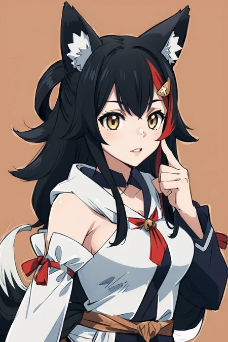 (masterpiece, best quality), intricate details,
1girl,
<lora:ookami_mio_3:0.8> ookami mio, miosha1, hair ornament, wolf tail, bell, rope,
<lora:FBKClothesV1:0.8> fbk-clothing, <lora:lucy_heartfilia_v11:0.8>