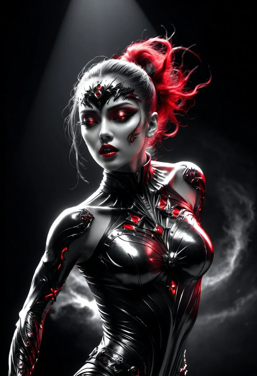 creativity_extractor pitch black background, on stage spotlight, black ,white and red colors, an breathtaking beautiful cg_darkscifi woman Horror_cg doing sensual Expressive dance, mm style