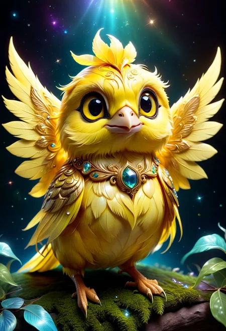 A small and cute yellow canary spawns an adorable non-human celestial animal in the celestial and fantasy style. the animal is supposed to be the most beautiful animal ever created. Consider details such as soft, feathers, silk, satin, shimmer and shimmer. Include subtle details of ghostly iridescence. emphasize small fancy details and ornate jewelry. Camera: Use interesting and dynamic composition. increase visual interest. lighting: use ambient lighting that enhances the atmosphere of the fantasy. include bright colors and deep shadows. hires, detailed eyes, hires detailed eyes, hires small details, elaborate details, ornate, 8k, shimmer, unity, official cgi unreal engine, high resolution, (((masterpiece))), high quality, high resolution, detail enhancement, (bright and light-eyed),