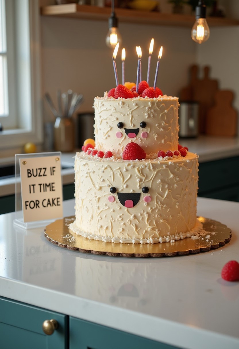 A huge birthday cute cake on a clean kitchen counter, a sign next to the cake it says "Buzz If It's Time For Cake!", realistic, cinematic shot,