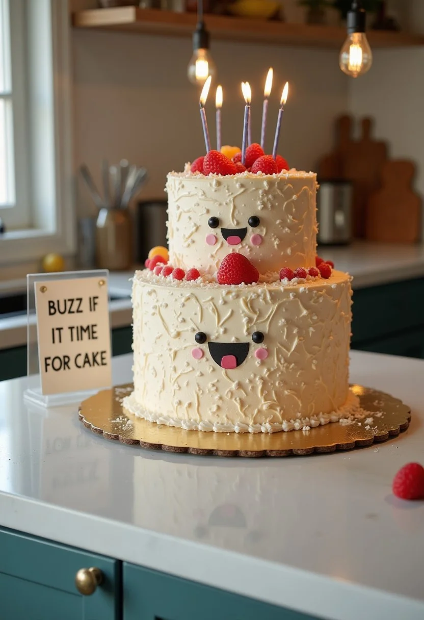 A huge birthday cute cake on a clean kitchen counter, a sign next to the cake it says "Buzz If It's Time For Cake!", realistic, cinematic shot,
