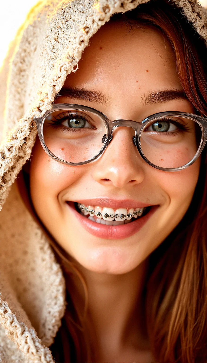 A close-up of a 18 years old ginger woman’s face under a blanket, with warm, golden sunlight highlighting her features.Wearing clear under-rim eyewear, Smile brightly wth her mouth open revealing her intricate dental braces detail. Detailed, natural freckles that add character and depth to the face.Soft Fabric Texture,Fine Hair Detail,Furrowed Brow Detail,Eyelash Detail, Natural Eye Texture, Crease Detail, Soft Under-eye Shadow