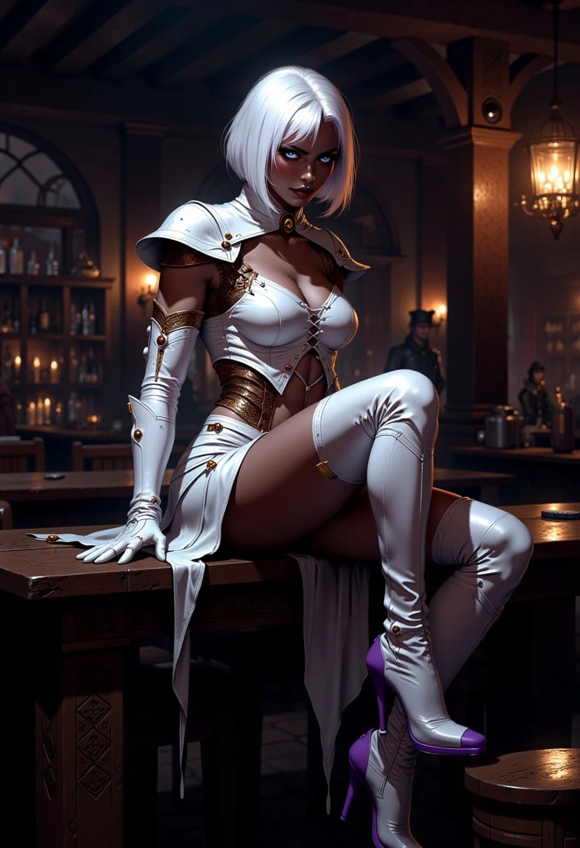 " tight boots over a table, agressive posture, in a medieval tavern A fierce assassin with short, straight white Chanel bob haircut and narrow, fringe, heterochromatic eyes BLUE and purple . She has dark skin and wears a white leather outfit with intricate laced-up detailing in the front, partially revealing her skin. The top covers her large chest but maintains a provocative and lethal style. Leather white gloves reveal only middle finger, use a white skirt tight high leather boots purple high heels"