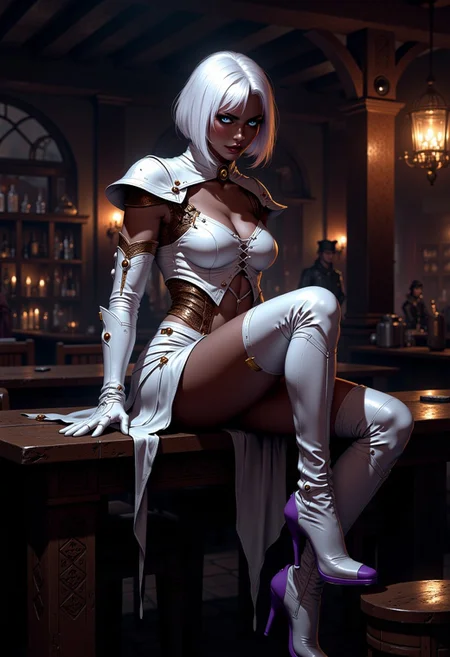 " tight boots over a table, agressive posture, in a medieval tavern A fierce assassin with short, straight white Chanel bob haircut and narrow, fringe, heterochromatic eyes BLUE and purple . She has dark skin and wears a white leather outfit with intricate laced-up detailing in the front, partially revealing her skin. The top covers her large chest but maintains a provocative and lethal style. Leather white gloves reveal only middle finger, use a white skirt tight high leather boots purple high heels"