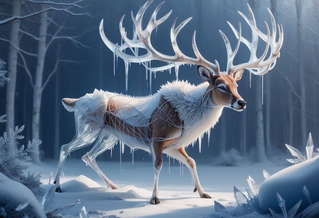 score_9, score_8, score_7, 1ce, ice, animal, stag, deer, antlers, silver wire, blue theme,